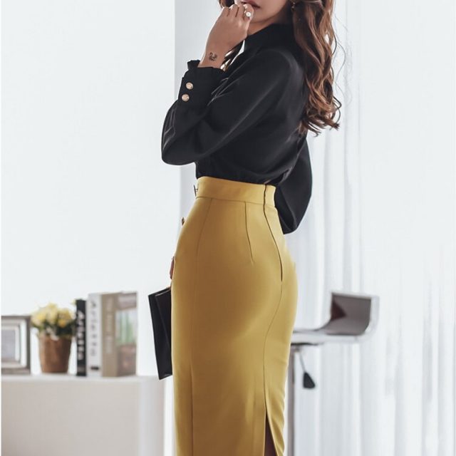 CINESSD work dress for woman long Sleeve round neck Yellow Black splice spring female Hip Office Dresses with button