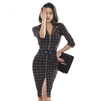 CINESSD Plaid Dress for woman half sleeve notched with zipped midi Hip pencil vestidos sexy female formal Office Dresses