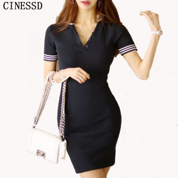 CINESSD Women Summer Sexy OL Bodycon Dress 2019 Korean Solid Cotton Knitting V-Neck Short Sleeve Hip Straight Dress Vestidos