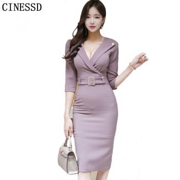 CINESSD Sexy OL Work Party Dresses 2019 Women Autumn Solid V-neck Professional Hip Waist Bodycon Party Dresses Vestidos