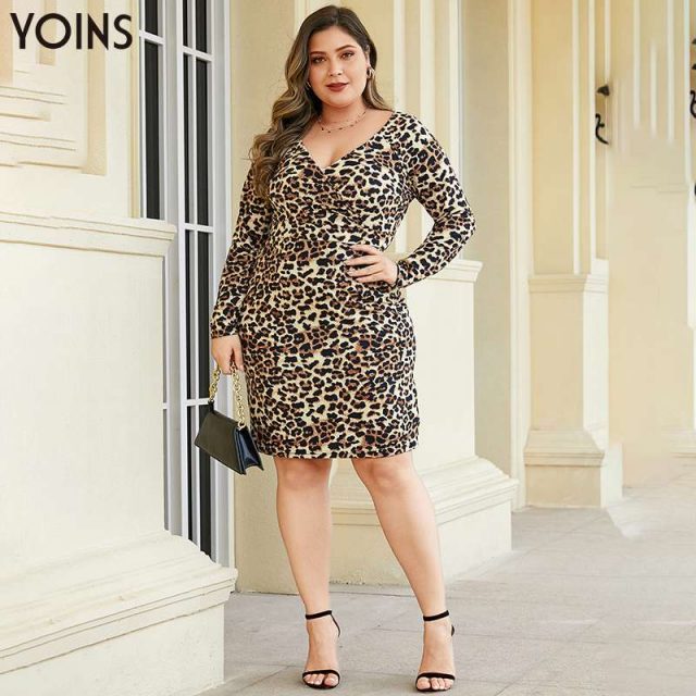 YOINS Sexy Vintage Leopard V-neck Long Sleeve Wrapped Bodycon Dress 2019 Women Mini Dresses Female Party Vestidos Plus Size Lady