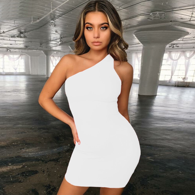 New Black One Shoulder Club Party Sexy Dress Summer Women Sleeveless Bodycon Mini Dresses Plus Size Vestido White Casual Dress