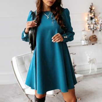 Women Back Metal Buttons O-neck Shirt Mini Dress Autumn Long Sleeve Elegant A-Line Female Dress 2020 Spring Lady Dress Plus Size