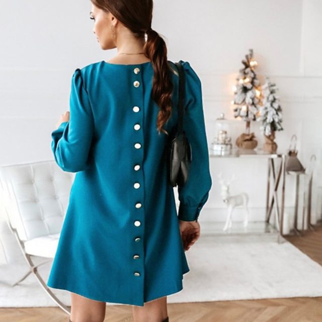 Women Back Metal Buttons O-neck Shirt Mini Dress Autumn Long Sleeve Elegant A-Line Female Dress 2020 Spring Lady Dress Plus Size