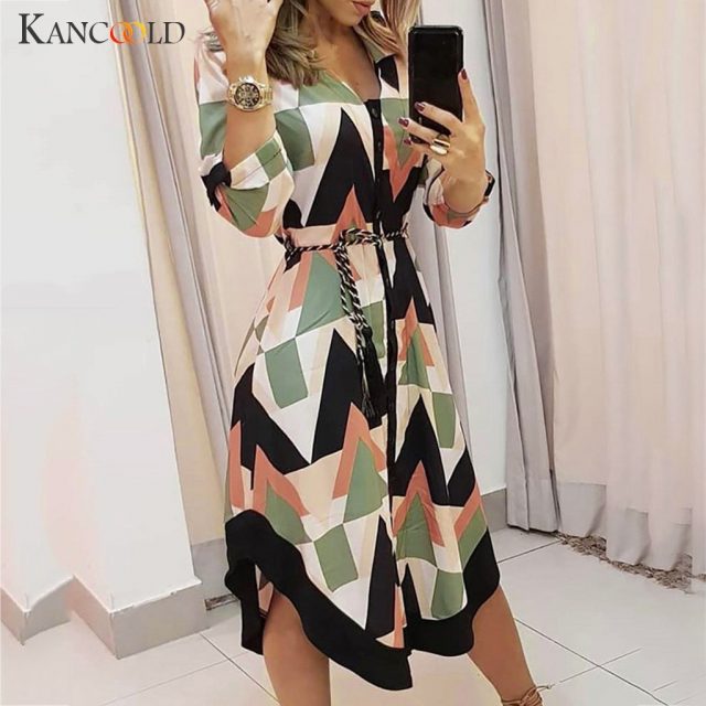 KANCOOLD dress Women Autumn Holiday Style Feminino Print Casual Dress Plus Size Ladies sashes fashion new dress women 2019Sep9