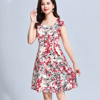 2019 New summer Vintage Floral Print Elegant Short Sleeve square Neck Casual A Line Dress Plus Size L-5XL YY517