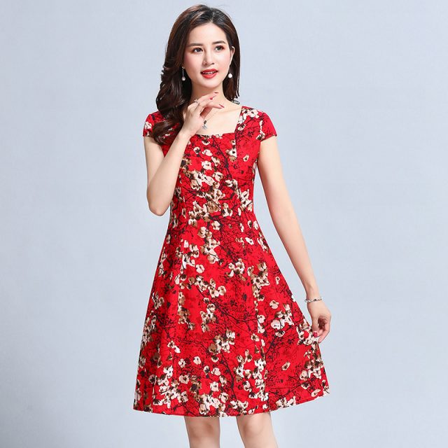 2019 New summer Vintage Floral Print Elegant Short Sleeve square Neck Casual A Line Dress Plus Size L-5XL YY517