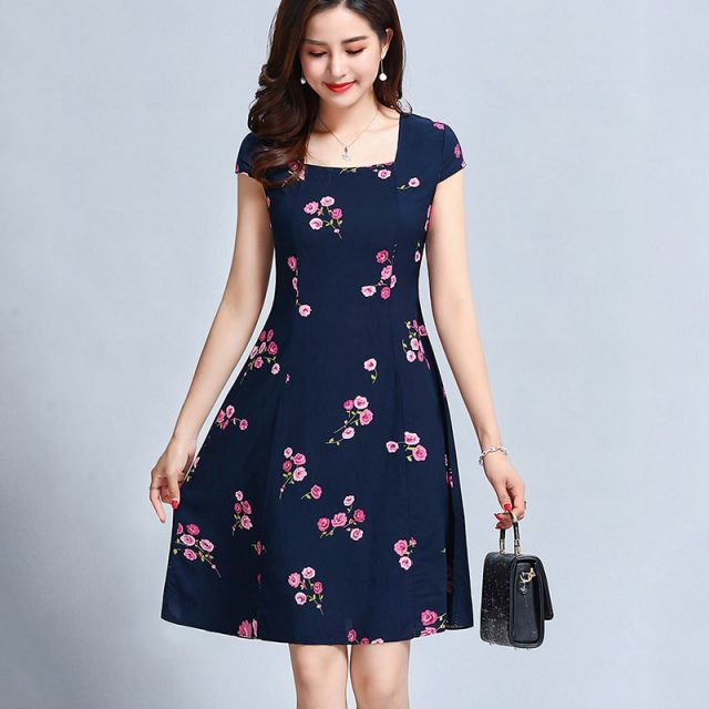 2019 New summer Vintage Floral Print Elegant Short Sleeve square Neck Casual A Line Dress Plus Size L-5XL YY517