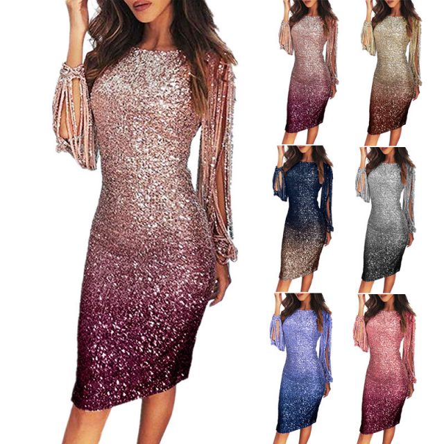 Mayata Gradient Color Sequin Tassel Sleeve Bodycon Dress for Woman Party Night Sexy Ladies Sparkle Tight Ombre Dresses S-2XL