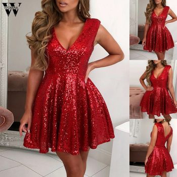 Womail Dress Women sequins Sparkle red Dresses Evening Mini A-Line V-Neck Paillette Formal Elegant Party Gown club vestido dress
