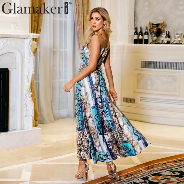 Glamaker Leopard print retro maxi dress Women sleeveless party club holiday dress Sexy vintage high split v neck long dvestidos