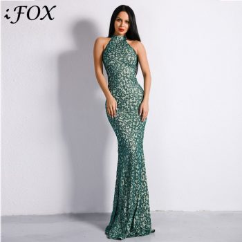 IFox 2020 Charming Halter Neck Sleeveless Women Dress Fashion Green Color Appliques Zipper Back Dress with Train