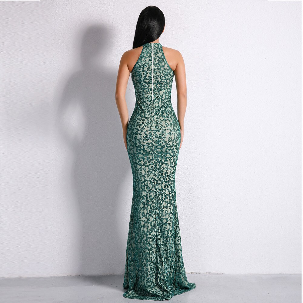 IFox 2020 Charming Halter Neck Sleeveless Women Dress Fashion Green Color Appliques Zipper Back Dress with Train