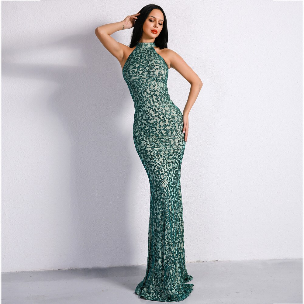 IFox 2020 Charming Halter Neck Sleeveless Women Dress Fashion Green Color Appliques Zipper Back Dress with Train