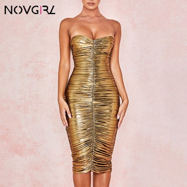 Novgirl Sexy Off Shoulder Gold Sexy Dress Women Sleeveless Ruched Bodycon Midi Dress Sparkle Glitter Club Party Dresses Vestidos