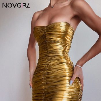 Novgirl Sexy Off Shoulder Gold Sexy Dress Women Sleeveless Ruched Bodycon Midi Dress Sparkle Glitter Club Party Dresses Vestidos