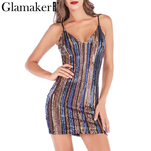 Glamaker Striped sequins sexy bodycon dress Women summer v neck sleeveless mini dress Elegant short party dress festa vestidos