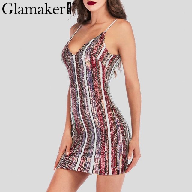 Glamaker Striped sequins sexy bodycon dress Women summer v neck sleeveless mini dress Elegant short party dress festa vestidos