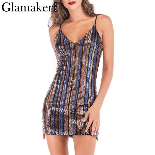 Glamaker Striped sequins sexy bodycon dress Women summer v neck sleeveless mini dress Elegant short party dress festa vestidos