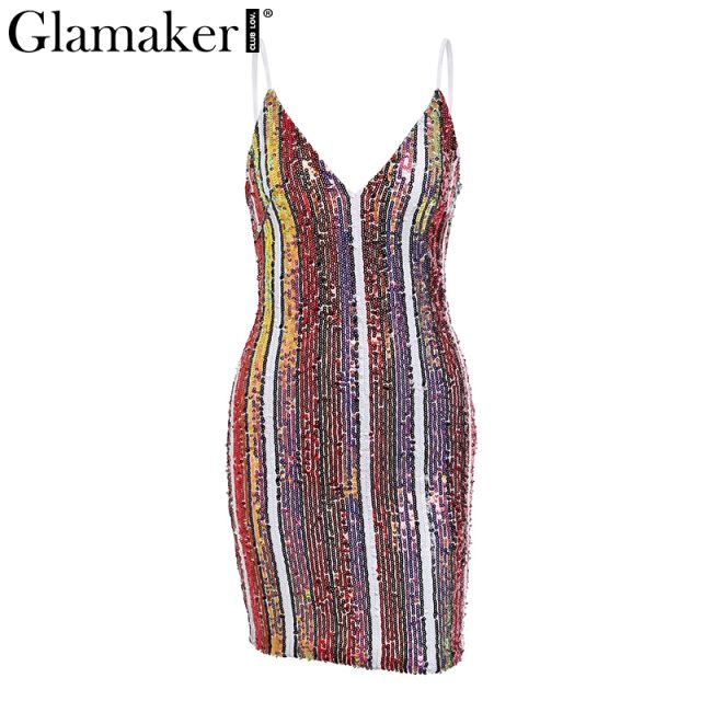 Glamaker Striped sequins sexy bodycon dress Women summer v neck sleeveless mini dress Elegant short party dress festa vestidos