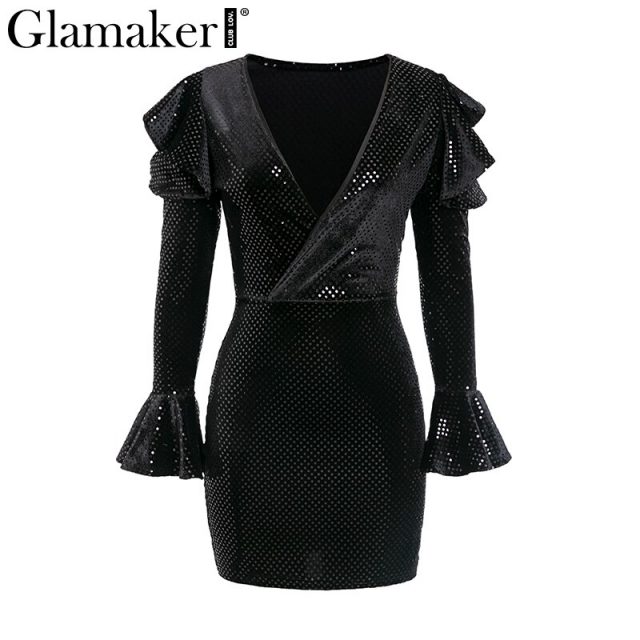 Glamker Ruffles sequins bodycon black sexy dress Women v neck flare sleeve short dress Elegant party night club summer dress