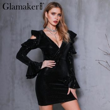 Glamker Ruffles sequins bodycon black sexy dress Women v neck flare sleeve short dress Elegant party night club summer dress