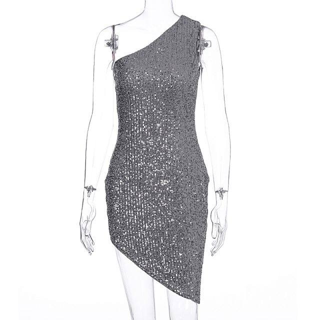 sequin sexy dress one shoulder women mini bodycon black silver party club night glitter ladies tight short dresses sparkle 2020