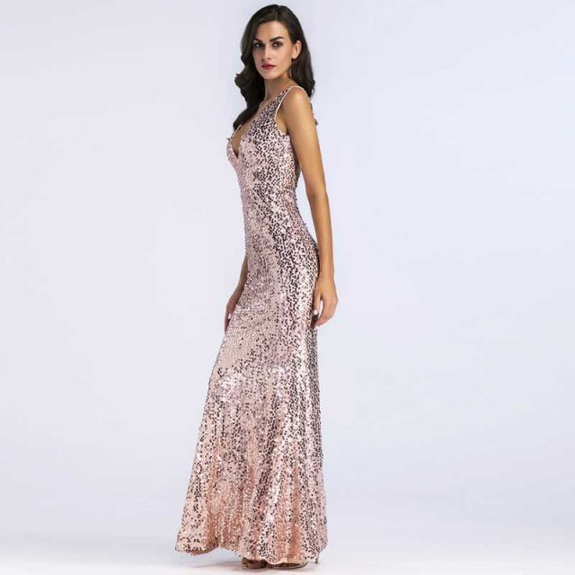 New Long Sequin Dress Sexy Party Dress Elegant Women Open Back Deep V Neck Luxury Dress Backless Sparkle Fishtale Dress Vestidos