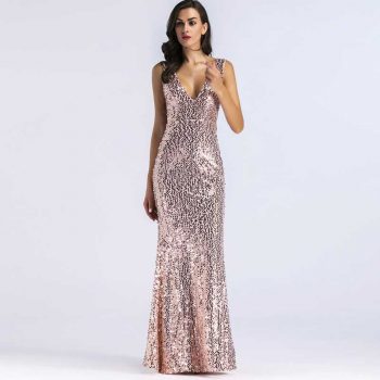 New Long Sequin Dress Sexy Party Dress Elegant Women Open Back Deep V Neck Luxury Dress Backless Sparkle Fishtale Dress Vestidos