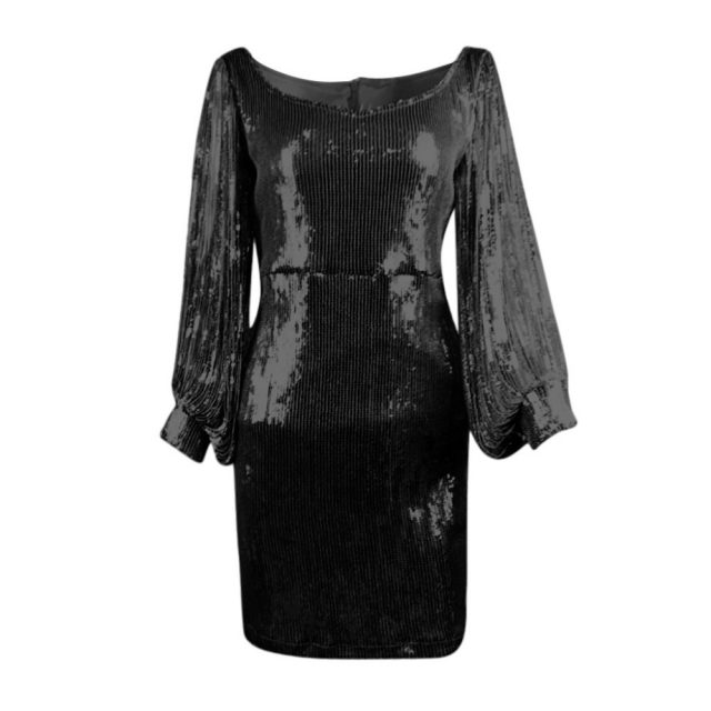 Women’s fashion Sparkle Glitzy Glam square collar Sequin Tassel Long Sleeve Flapper Party Club Dress ladies mini dress black