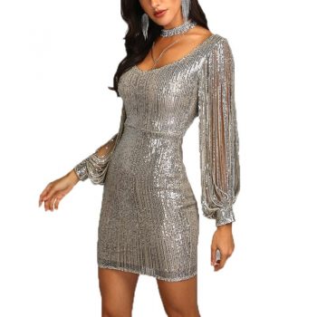 Women's fashion Sparkle Glitzy Glam square collar Sequin Tassel Long Sleeve Flapper Party Club Dress ladies mini dress black