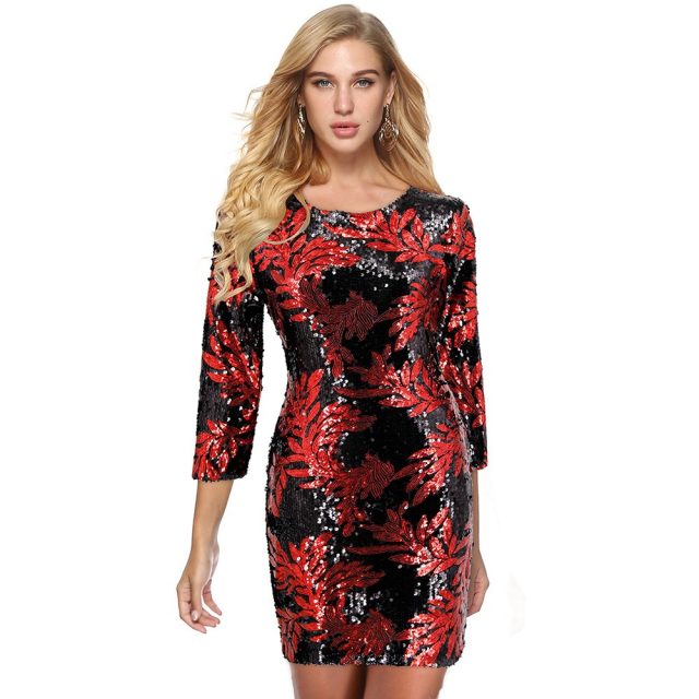 Women Winter Christmas Green Sequin Dress Plus Size XXL Sexy Elegant Party Night Dress Big Size Long Sleeve Back Metal Zipper