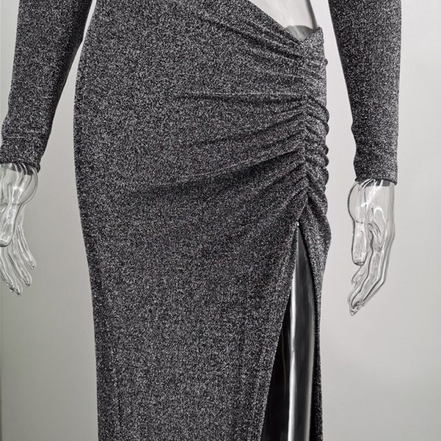 Sparkle Sexy Silver Sparkly Dress Cut Out Maxi Dress Womens High Split Long Sleeve Ruched Party Dresses Clubwear Hollow Out