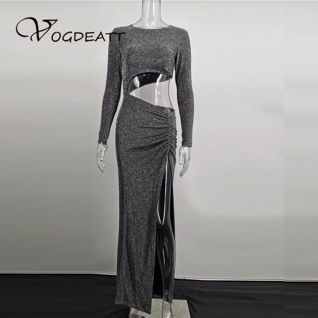 Sparkle Sexy Silver Sparkly Dress Cut Out Maxi Dress Womens High Split Long Sleeve Ruched Party Dresses Clubwear Hollow Out