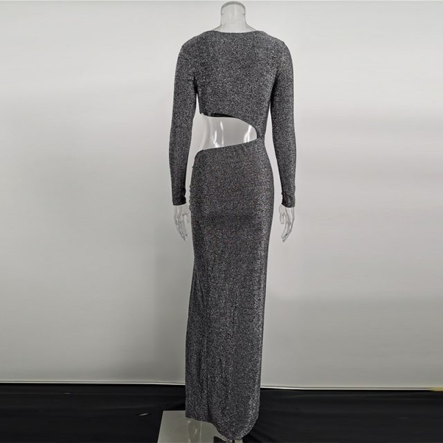 Sparkle Sexy Silver Sparkly Dress Cut Out Maxi Dress Womens High Split Long Sleeve Ruched Party Dresses Clubwear Hollow Out