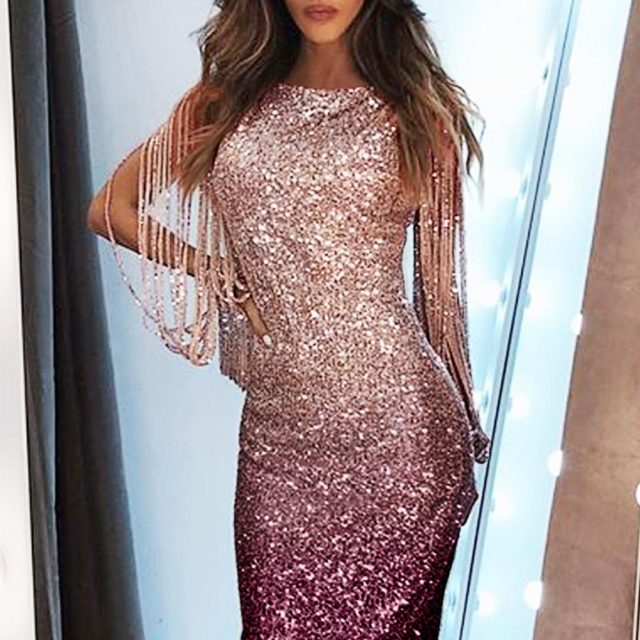 Women Sparkling Ombre Sequined Tassel Sleeve Bodycon Party Dress Sexy Hollow Out Gradient Color Sheath Elegant Ladies Outwears