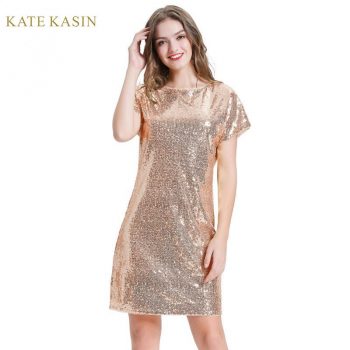 Kate Kasin Rose Gold Sequin Dress Women's Sparkling Short Sleeves Elegant Casual Club Party Dresses Women Evening