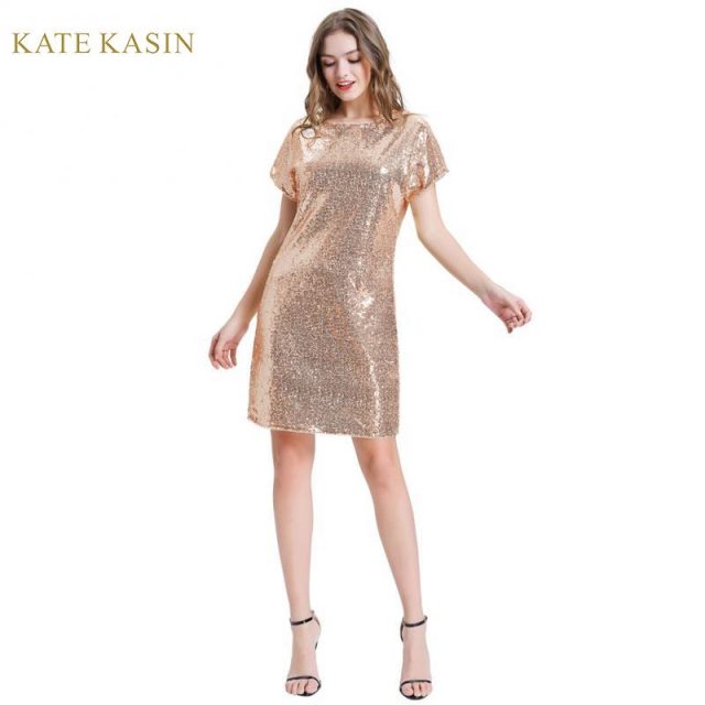 Kate Kasin Rose Gold Sequin Dress Women’s Sparkling Short Sleeves Elegant Casual Club Party Dresses Women Evening