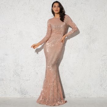 2019 Elegant O Neck Long Sleeve Sparkle Sequin Maxi Dress Floor Length Stretchy Bodycon Party Dress Gold Emerald Burgundy Black