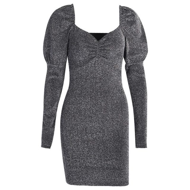 New Sexy Silver Glitter Dresses For Women Sparkling Deep V-Neck Sequin Mini Bodycon Dress Autumn Winter Long Sleeve Party Dress