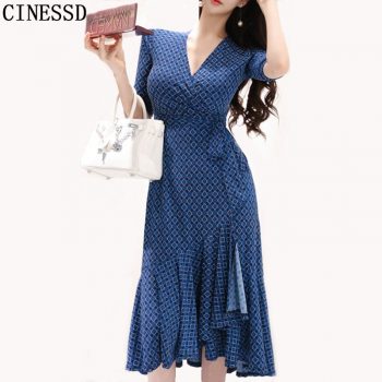 CINESSD Maxi Dress for Women Summer Blue Drape V neck robe vestidos cotton Sexy female irregular Long loose A-line Party Dresses