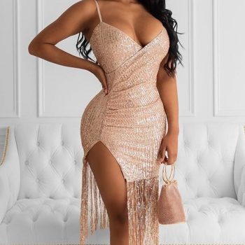 Female Deep V Neck Asymmetric Sequins Party Dress Women Sparkling Spaghetti Strap Tassel Design Backless Split Dress