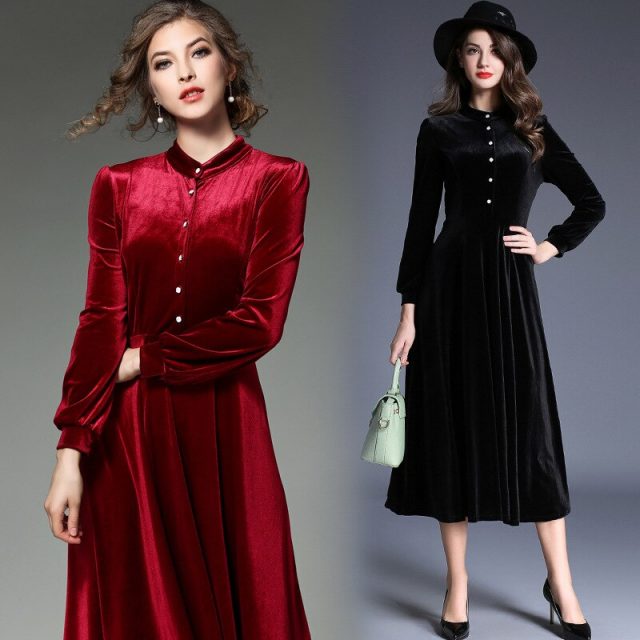 2019 Winter Women Solid Color Elegant Long Sleeve Velvet Dresses Female A-line Mid-Calf Party Dresses Vestdios Robe