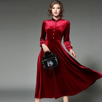2019 Winter Women Solid Color Elegant Long Sleeve Velvet Dresses Female A-line Mid-Calf Party Dresses Vestdios Robe