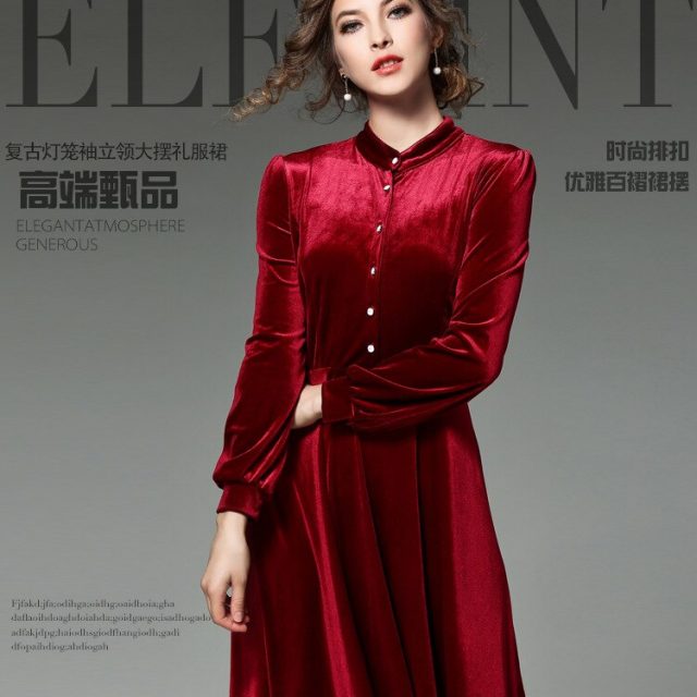 2019 Winter Women Solid Color Elegant Long Sleeve Velvet Dresses Female A-line Mid-Calf Party Dresses Vestdios Robe