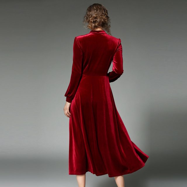 2019 Winter Women Solid Color Elegant Long Sleeve Velvet Dresses Female A-line Mid-Calf Party Dresses Vestdios Robe