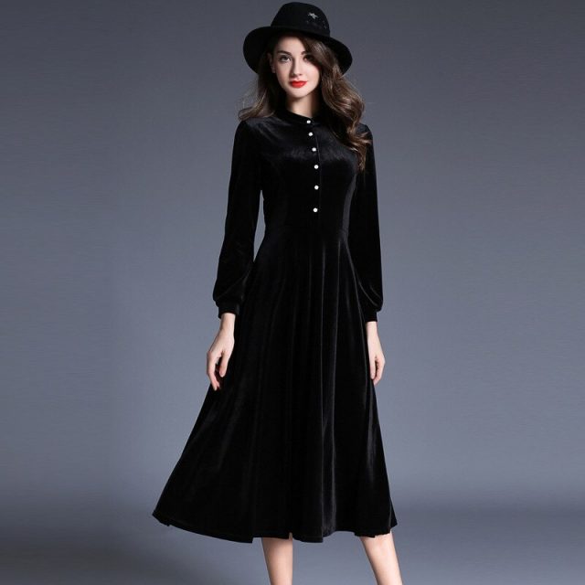 2019 Winter Women Solid Color Elegant Long Sleeve Velvet Dresses Female A-line Mid-Calf Party Dresses Vestdios Robe