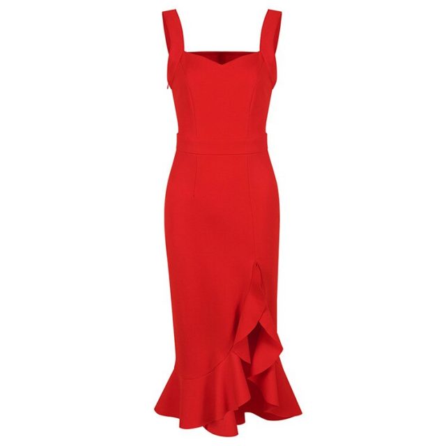 2018 Summer New Women Sexy Red Ruffles Runway Dress Female Sleeveless Splitted Bandage Dresses Party Dress Vestidos