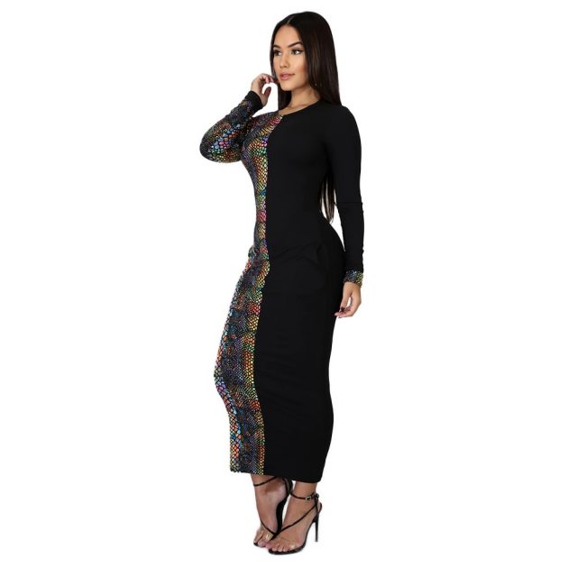 Women Winter Long Dress Full Sleeve Snakeskin Print Dress Pockets O-Neck Sexy Night Club Party Bandage Maxi Dresses Bodycon 6217