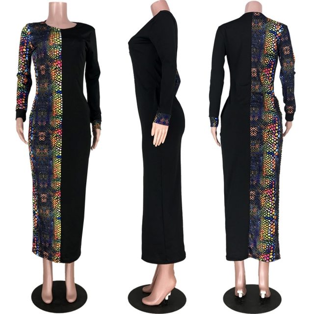 Women Winter Long Dress Full Sleeve Snakeskin Print Dress Pockets O-Neck Sexy Night Club Party Bandage Maxi Dresses Bodycon 6217